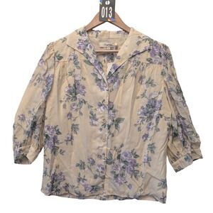 Simple Retro Floral Button Up Shirt Blouse Top Pastel Purple Roses Women's S